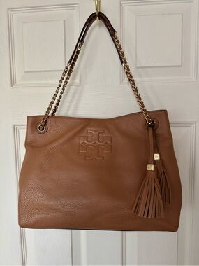 Tory Burch Thea Brown Leather Tassel Shoulder Bag with Gold Chain